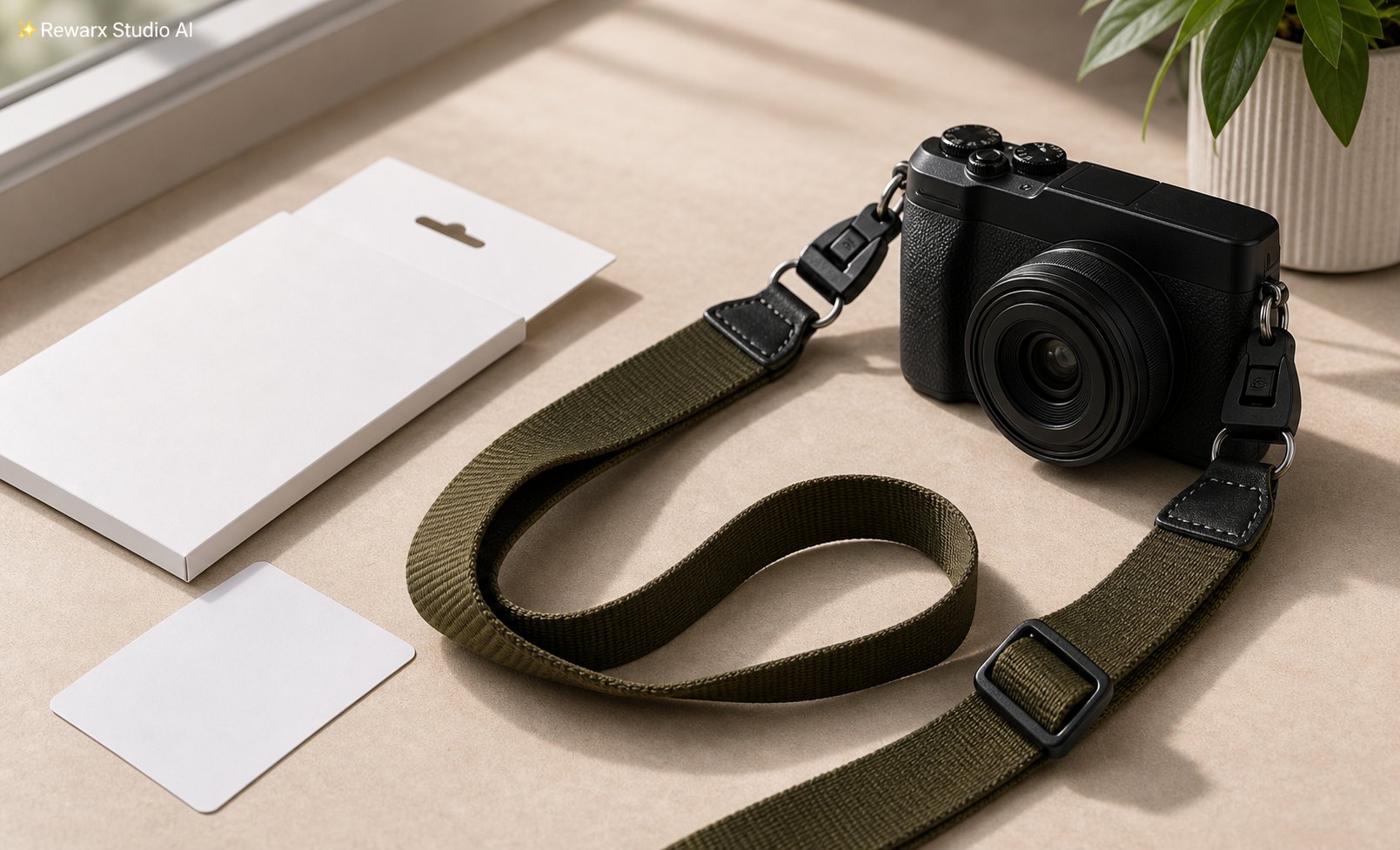 kompaktní popruh na fotoaparát vizualni sablona - creator camera gear - Compact Camera Strap Product-Readable Use Scene - Rewarx Visual Content Library