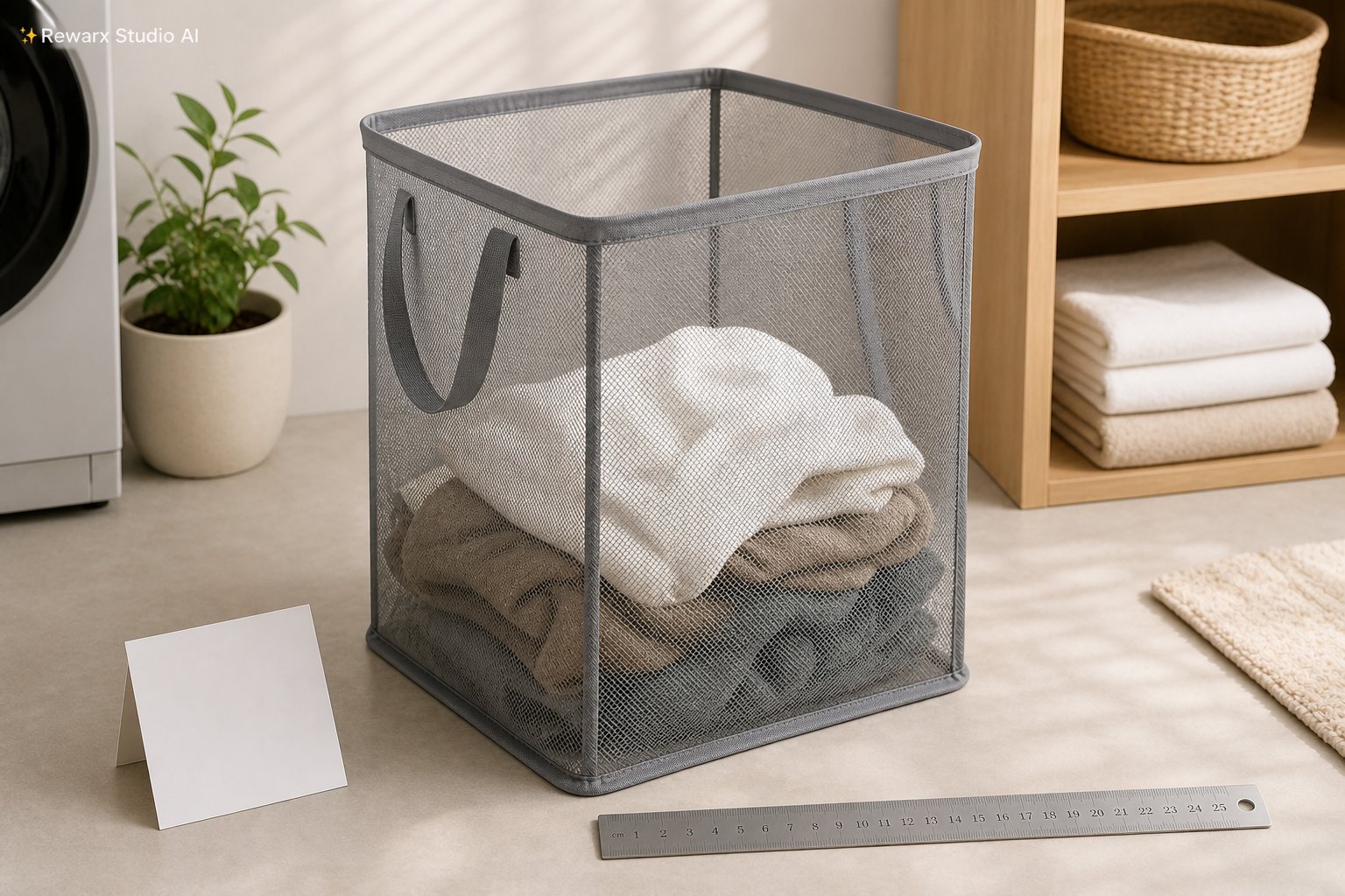 síťovaný koš na prádlo vizualni sablona - laundry care - Mesh Laundry Hamper Product-Readable Use Scene - Rewarx Visual Content Library