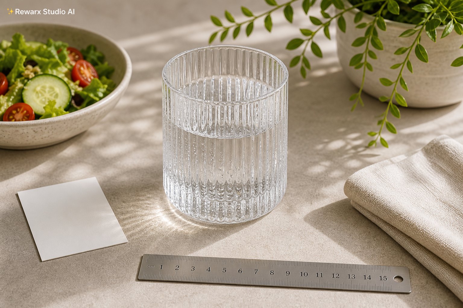žebrované vodní sklo vizualni sablona - glassware and barware - Ribbed Water Glass Product-Readable Use Scene - Rewarx Visual Content Library
