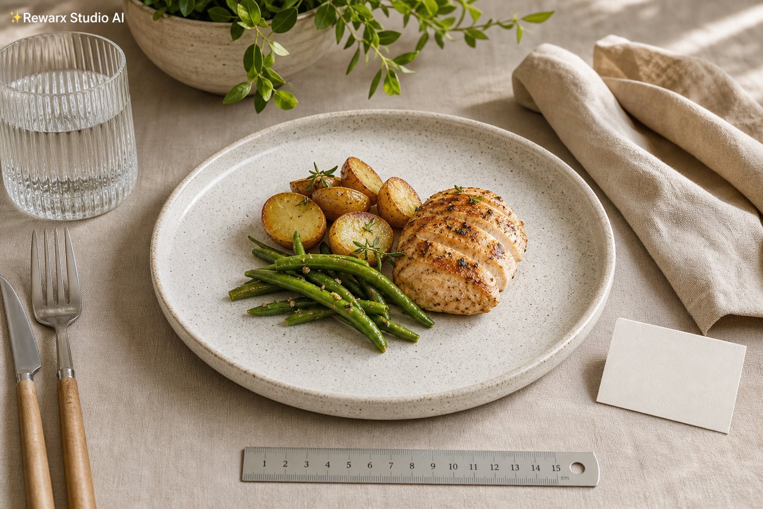 kameninový jídelní talíř vizualni sablona - tableware serveware - Stoneware Dinner Plate Product-Readable Use Scene - Rewarx Visual Content Library