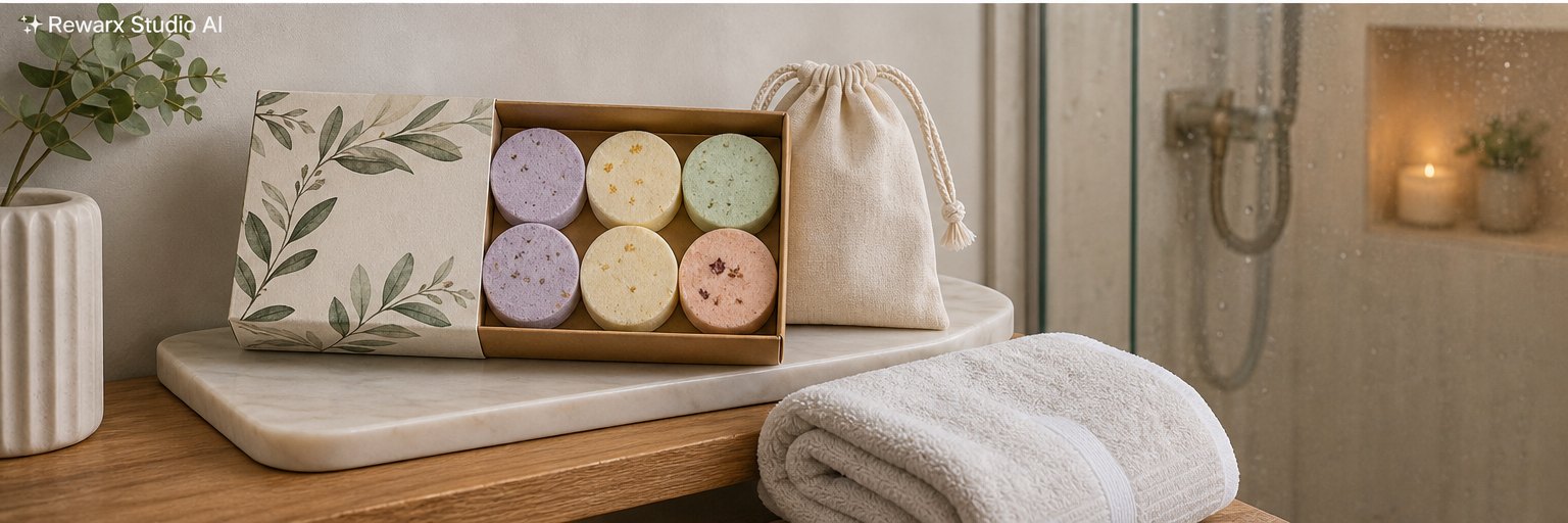 bruser dampere gaveæske badeværelse visuel skabelon - bath gifts - shower steamers gift hero - Rewarx Visual Content Library