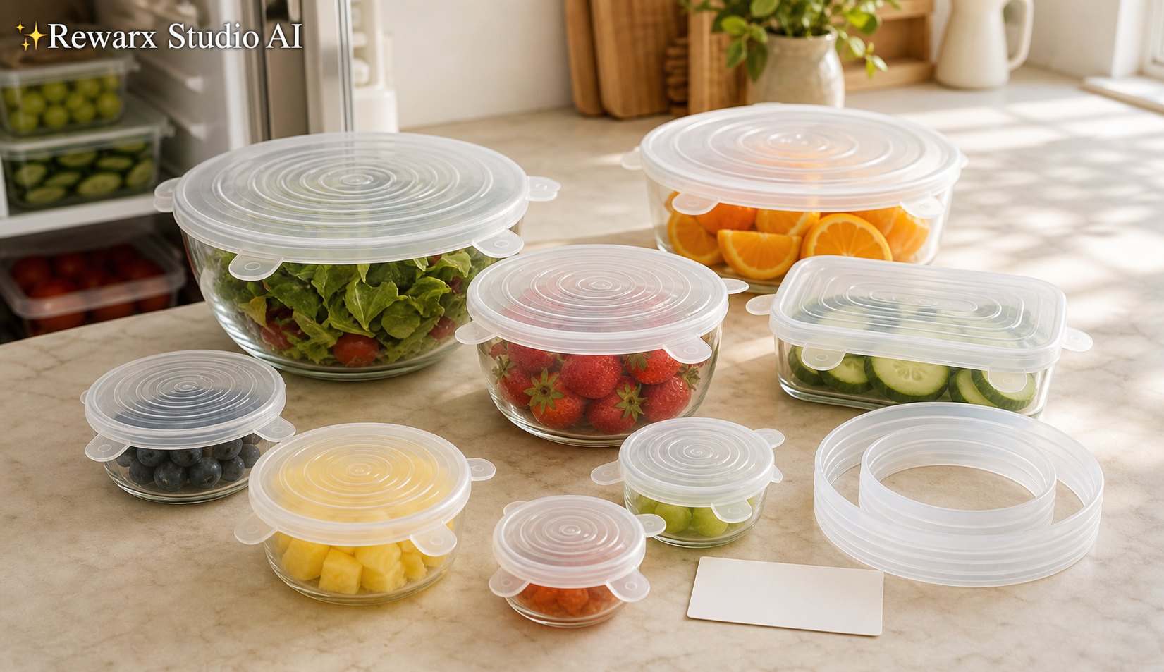 矽膠彈力蓋食品儲存視覺模板 - kitchen storage - silicone stretch lid fridge-prep hero - Rewarx Visual Content Library