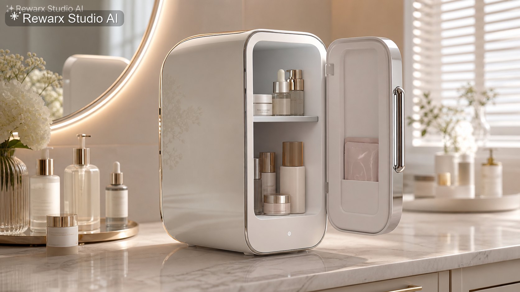 Mini lednice na skincare vanity beauty vizualni sablona - beauty tools - soft-glam vanity storage hero - Rewarx Visual Content Library