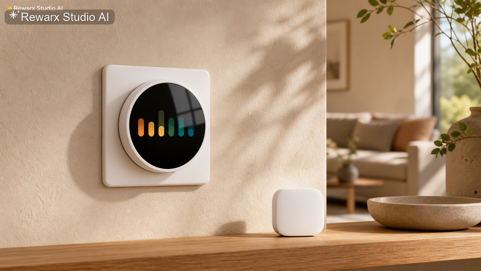 Thermostat intelligent mural energie maison modele visuel - smart home - calm smart home energy hero - Rewarx Visual Content Library