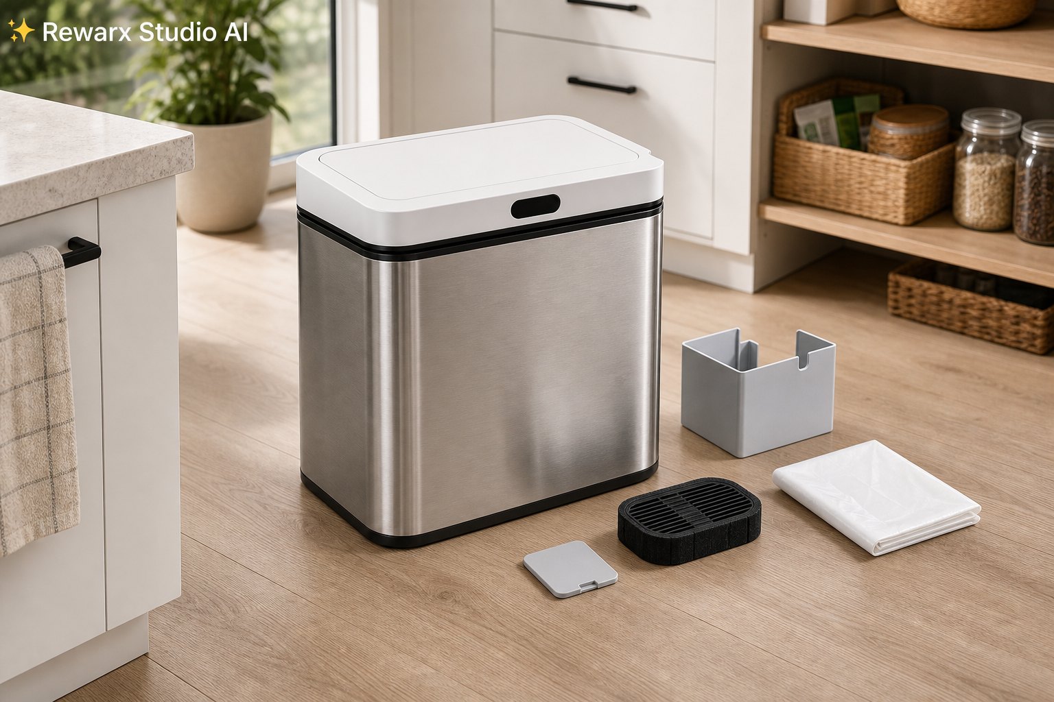 Poubelle intelligente cuisine anti odeurs modele visuel - kitchen organization - clean modern kitchen organization hero - Rewarx Visual Content Library