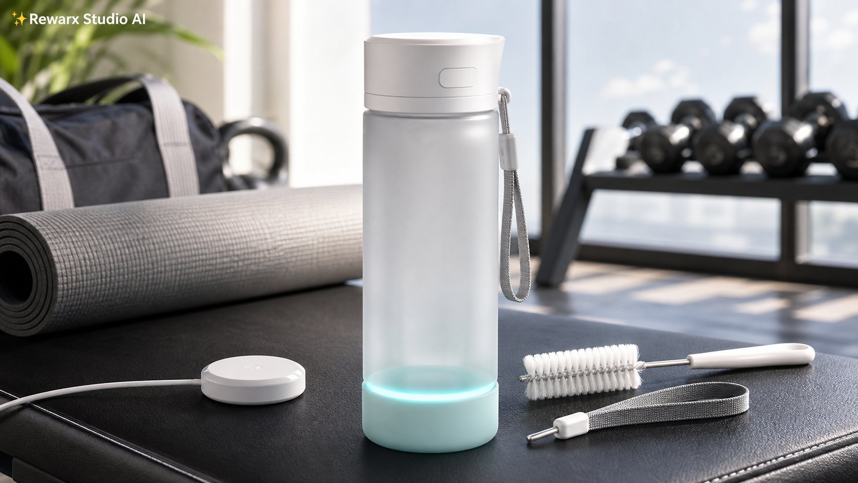 智慧水杯補水健身視覺模板 - fitness hydration tech - gym-bag hydration tech hero - Rewarx Visual Content Library