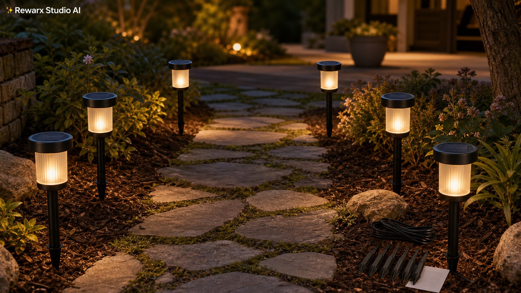 solar pathway lights garden night visual template - outdoor lighting - warm garden path solar-light hero - Rewarx Visual Content Library