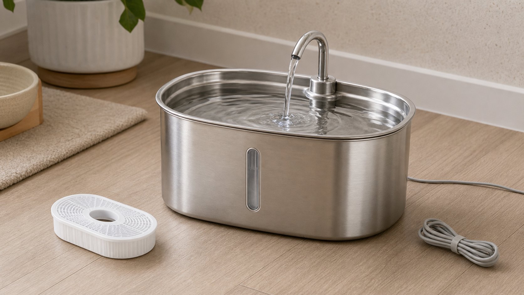 Fontana acqua gatto acciaio pet care template visuale | Rewarx Studio AI immagini del flusso Shopify