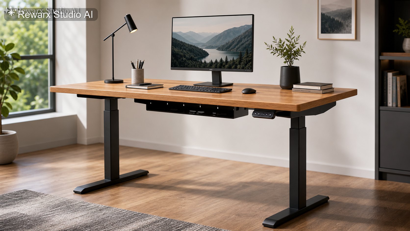 升降桌人体工学工作区视觉视觉模板 - office furniture - ergonomic workspace product hero - Rewarx Visual Content Library