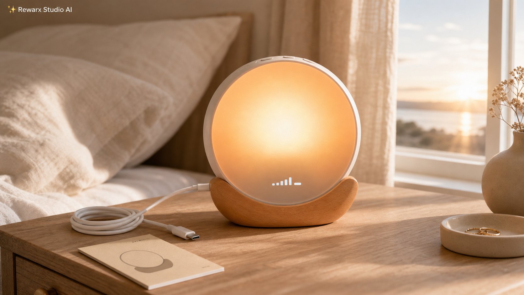 Budik s vychodem slunce do loznice vizualni sablona - bedroom wellness - calm morning bedside hero - Rewarx Visual Content Library