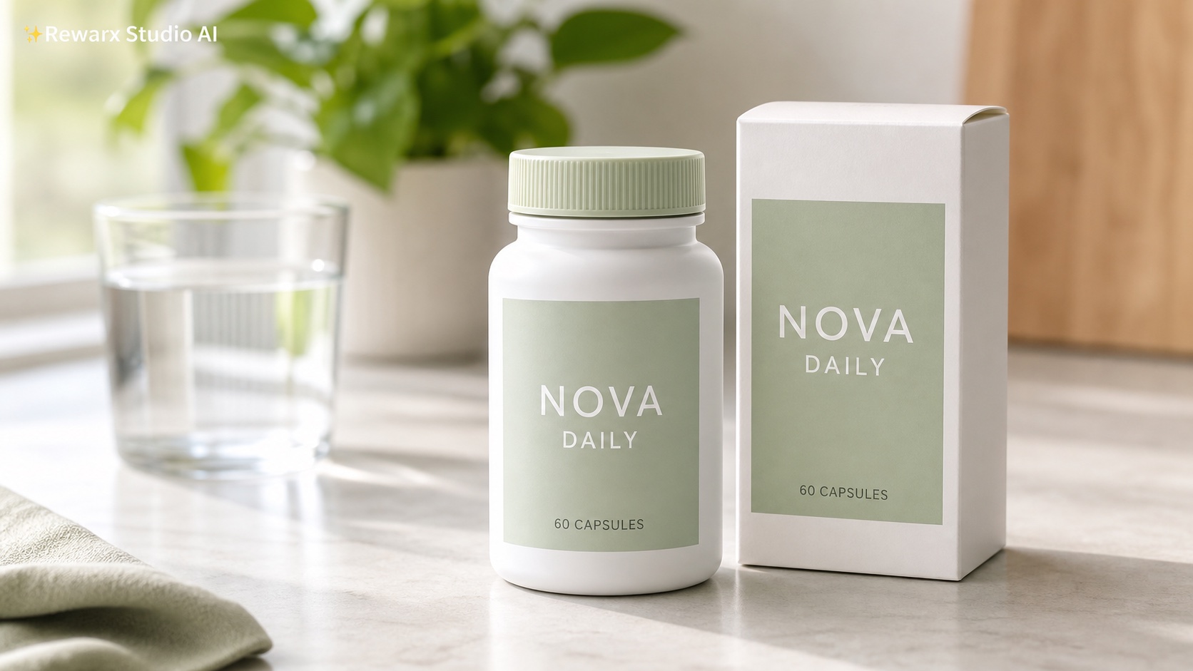 補充瓶清潔健康視覺模板 - supplements - clean credible wellness product hero - Rewarx Visual Content Library
