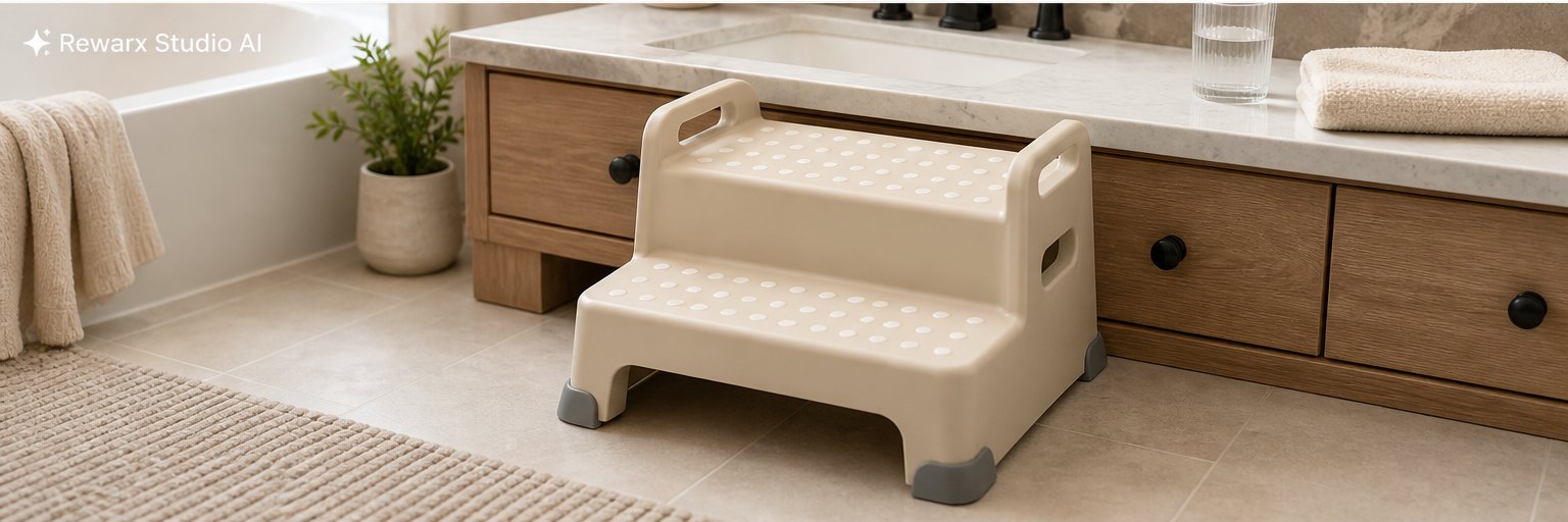 Tritthocker für Kleinkinder im Badezimmer Visual-Vorlage - Editoriales Kampagnenbild Tritthocker für Kleinkinder im Badezimmer Visual-Vorlage - Editoriales Kampagnenbild