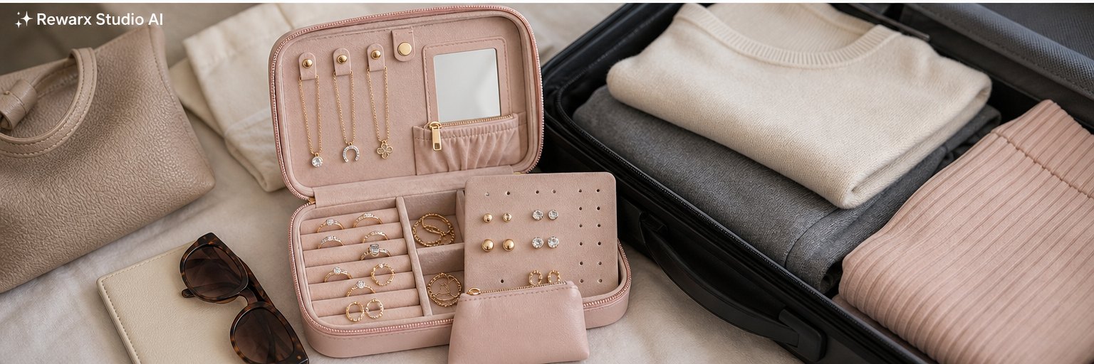 rejsearrangør af smykker visuel skabelon - travel accessories - travel jewelry case hero - Rewarx Visual Content Library