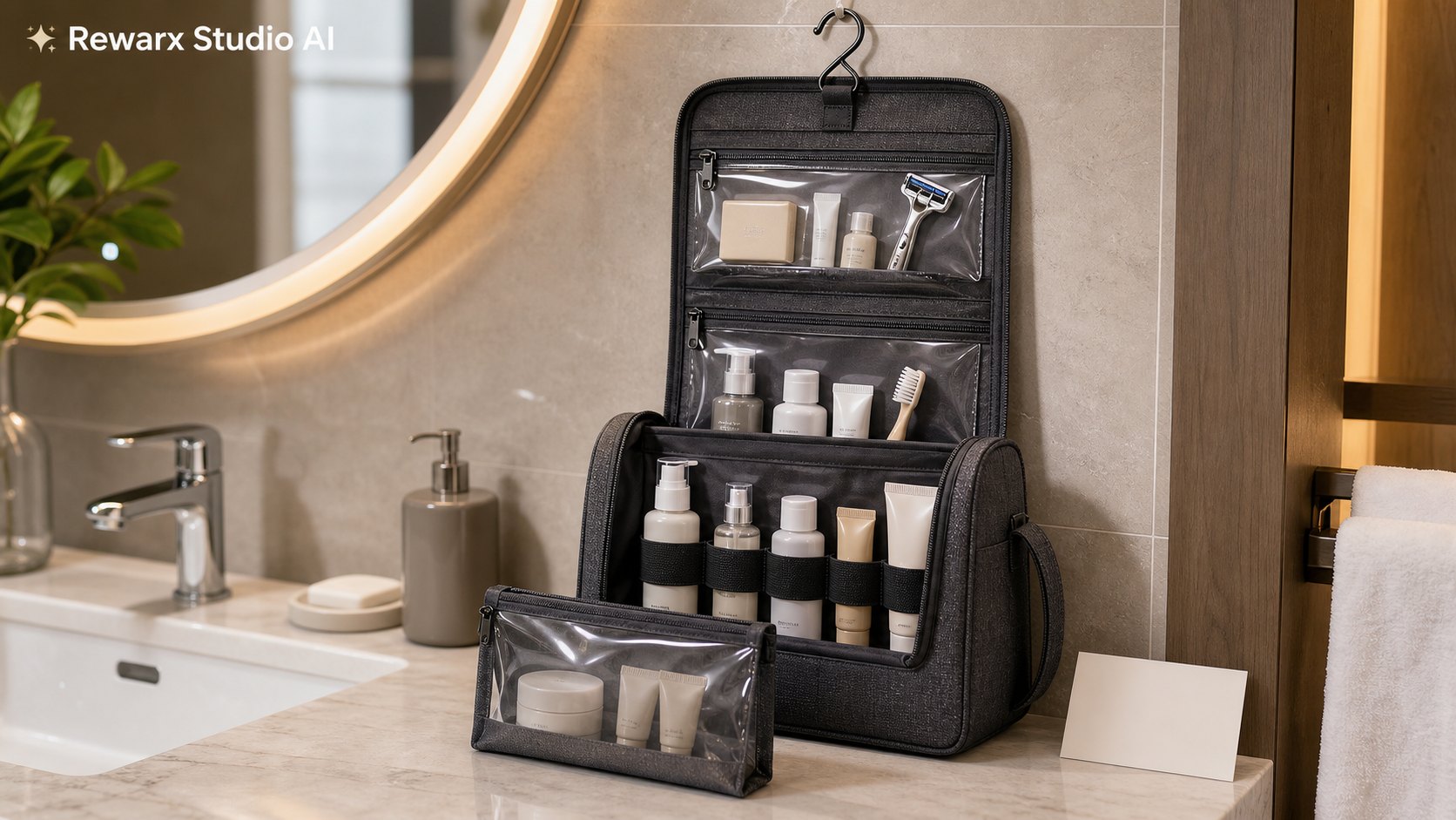 rejse toilettaske badeværelse visuel skabelon - travel organization - travel toiletry bag hotel hero - Rewarx Visual Content Library