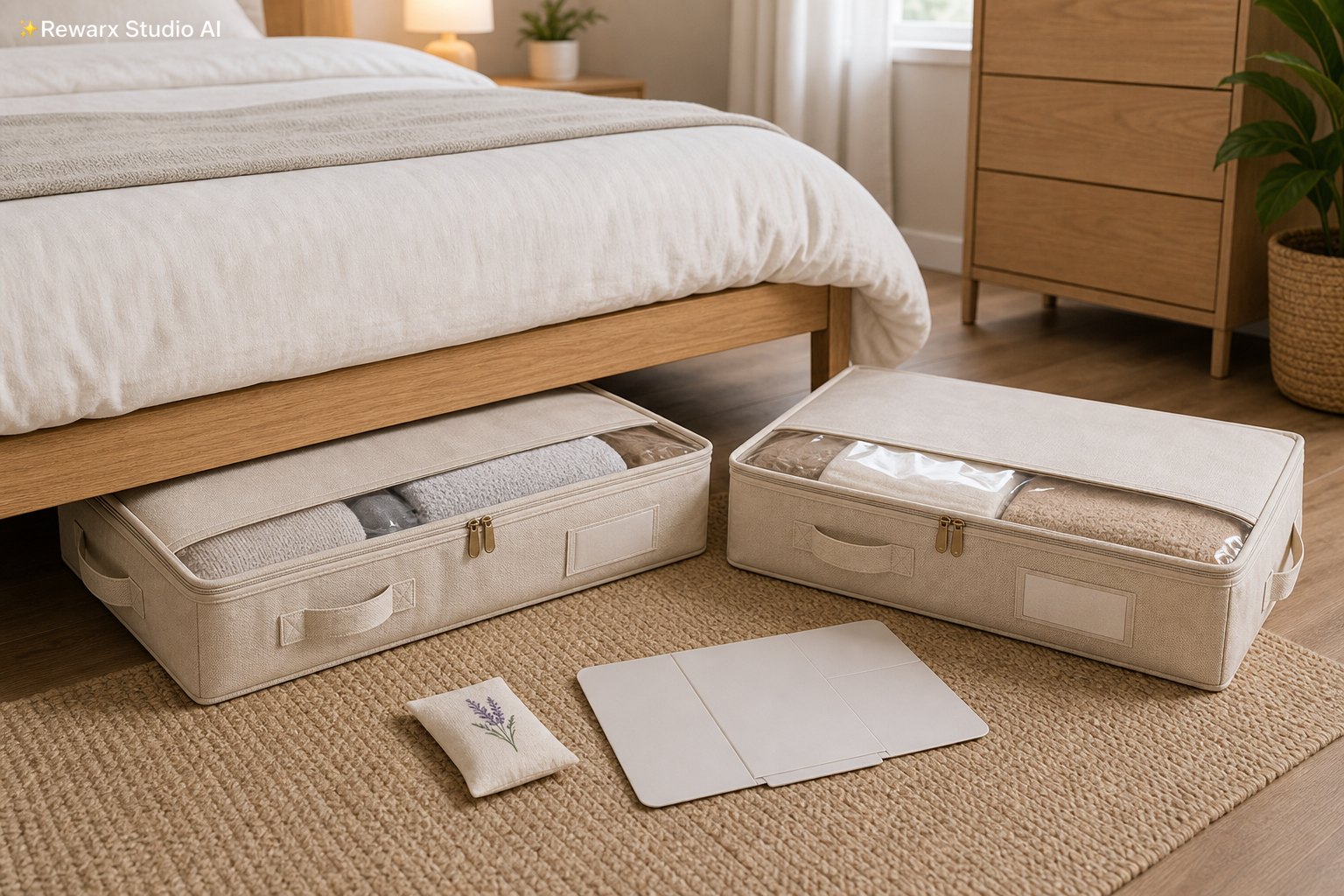 Ulozny vak pod postel loznice vizualni sablona - bedroom organization - calm bedroom seasonal storage hero - Rewarx Visual Content Library