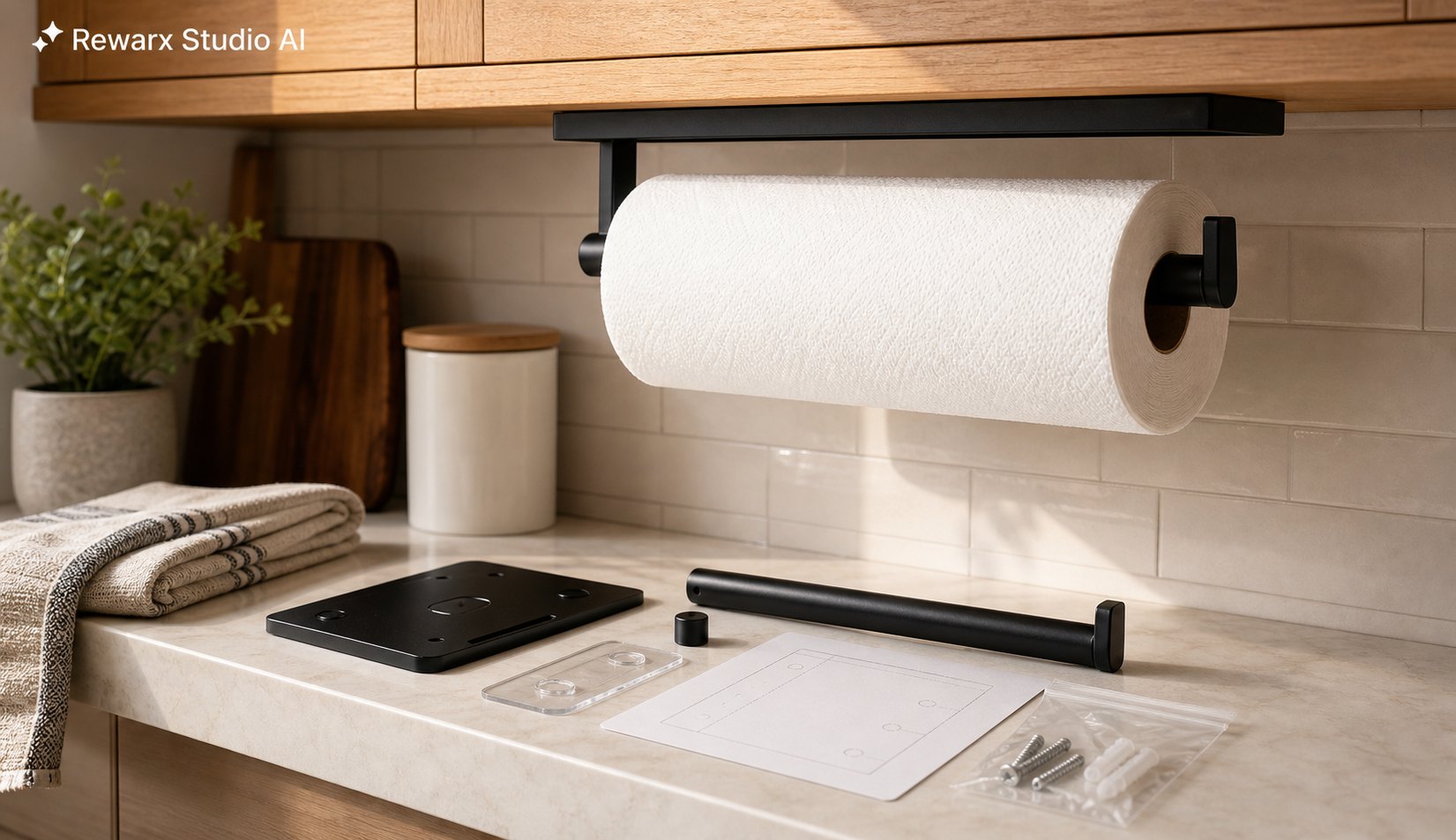 sous meuble porte-serviettes en papier cuisine modele visuel - kitchen organization - under-cabinet paper towel holder hero - Rewarx Visual Content Library