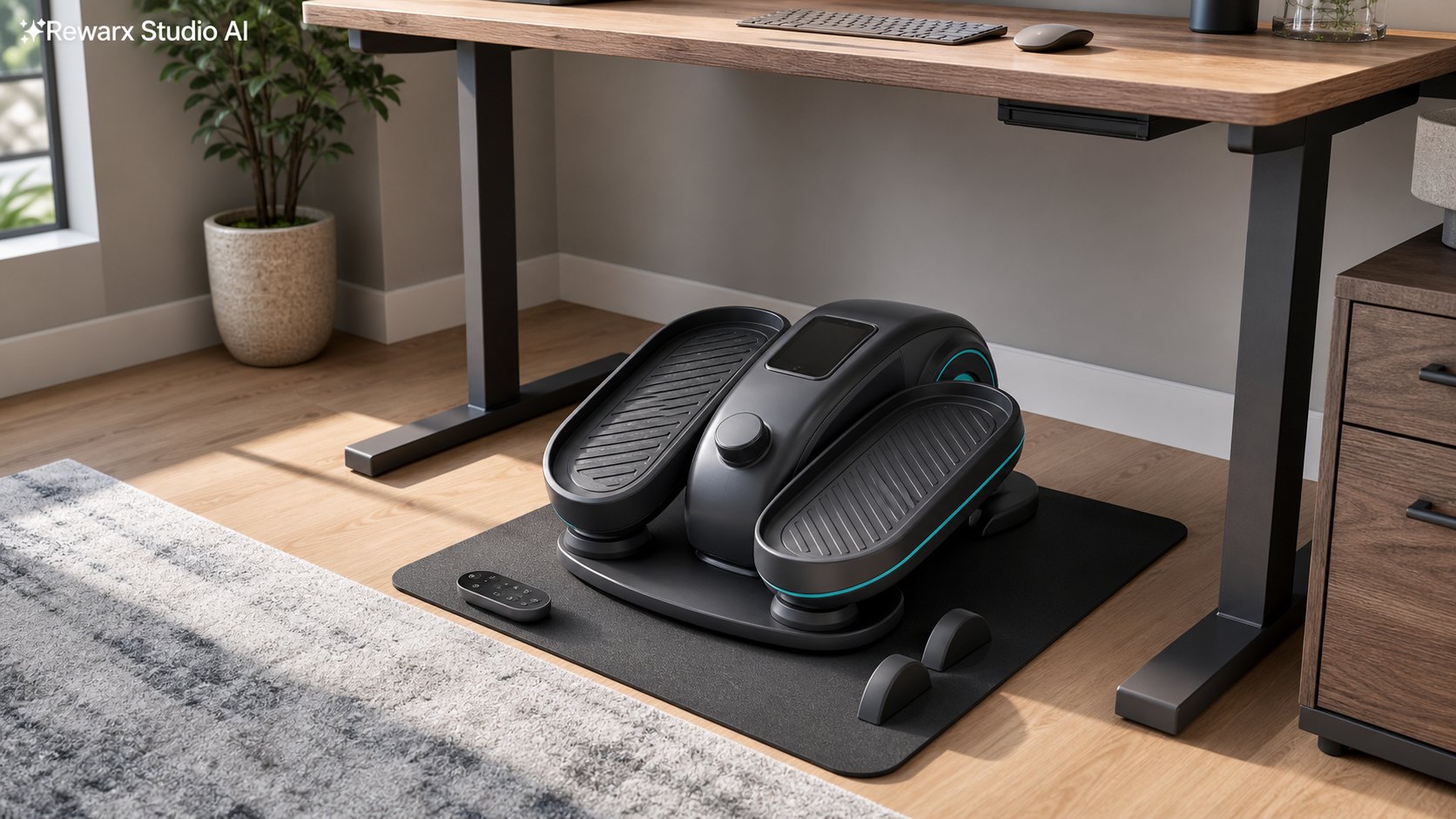 Elipticky trener pod stul home office vizualni sablona - home office fitness equipment - active home office hero - Rewarx Visual Content Library