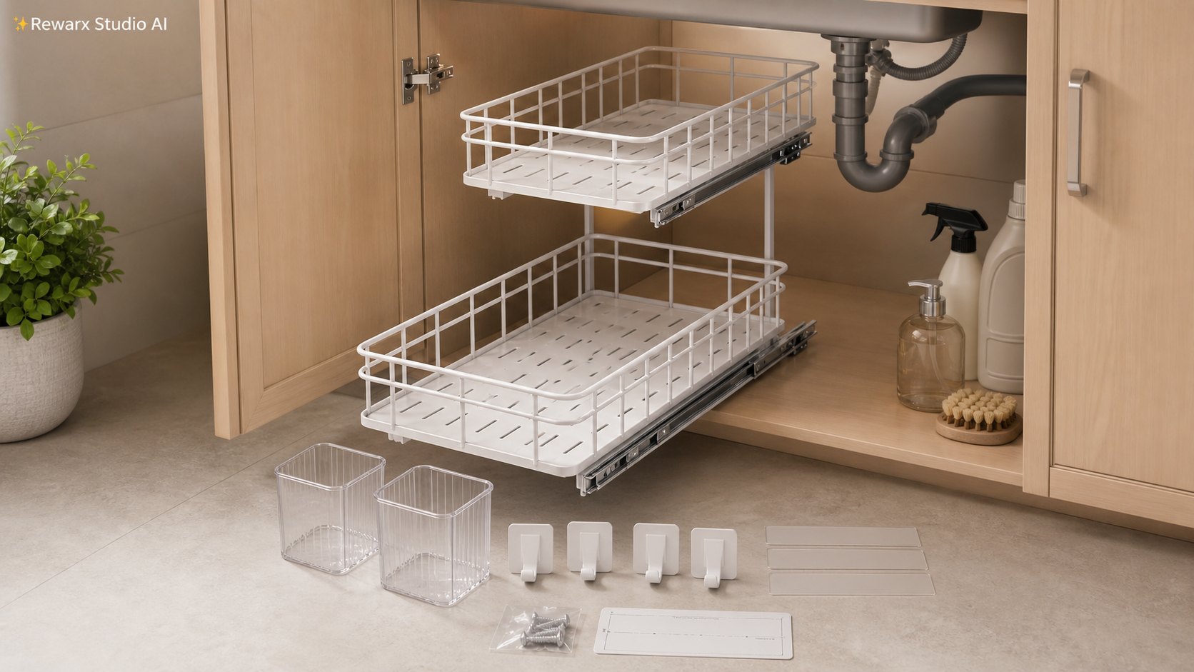 Organisateur coulissant sous evier cuisine modele visuel - kitchen organization - tidy under-sink storage hero - Rewarx Visual Content Library