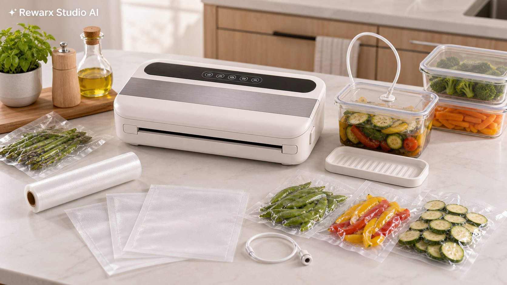 真空封口机备餐厨房视觉模板 - kitchen food storage - organized meal-prep kitchen hero - Rewarx Visual Content Library