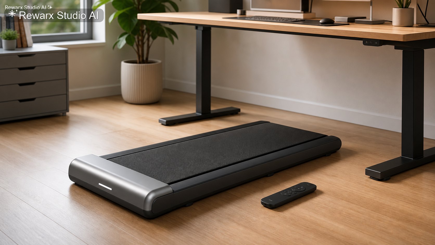 步行墊家庭辦公室健身視覺模板 - home fitness - clean home office wellness hero - Rewarx Visual Content Library