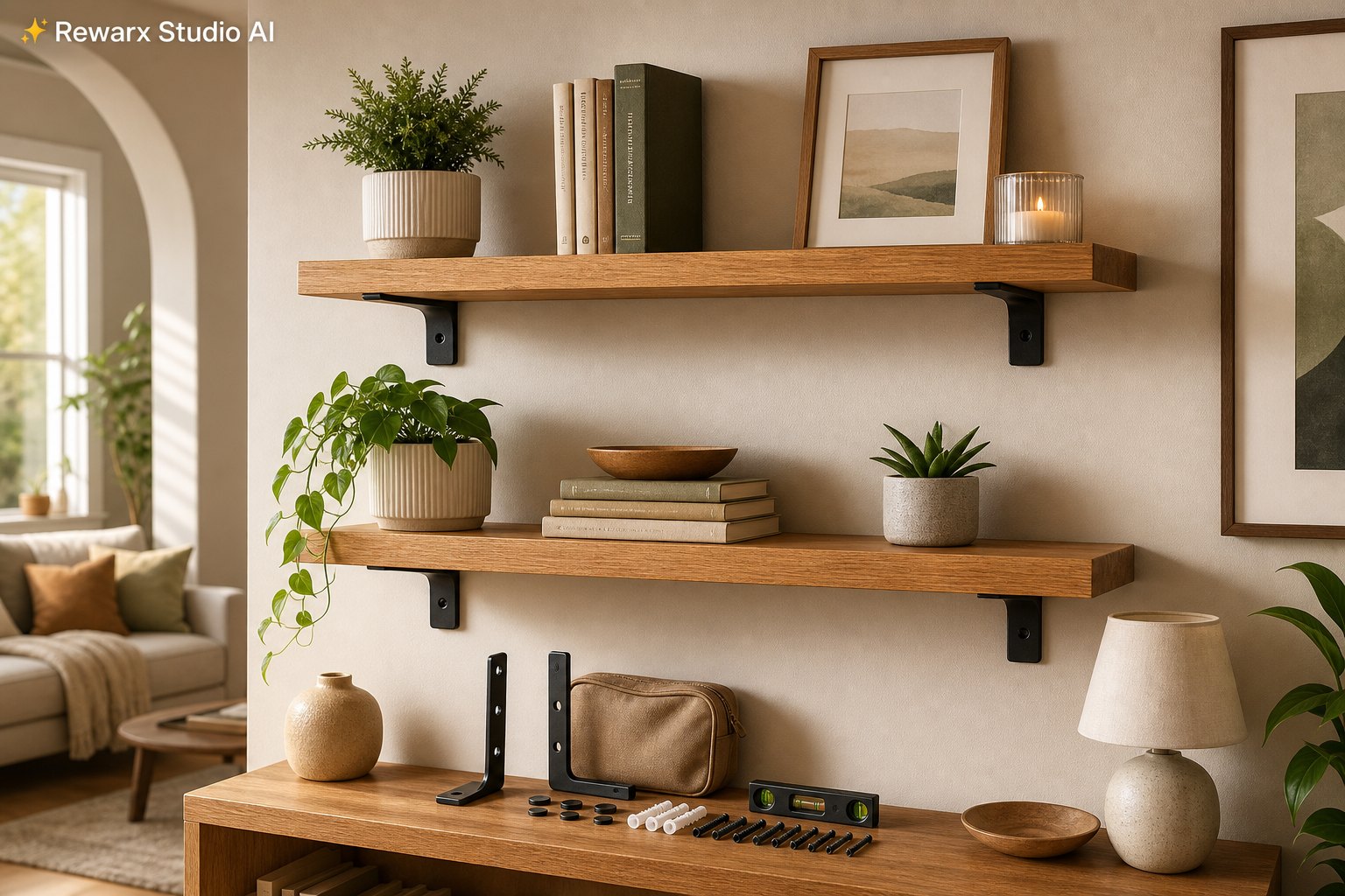 nástěnné plovoucí police domácí dekorace vizualni sablona - home decor - styled living-room wall shelf hero - Rewarx Visual Content Library