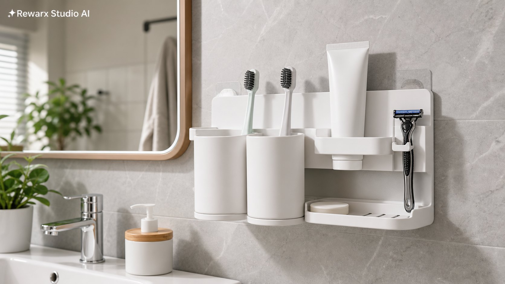 porte-brosse à dents mural salle de bain modele visuel - bathroom organization - clean vanity toothbrush holder hero - Rewarx Visual Content Library