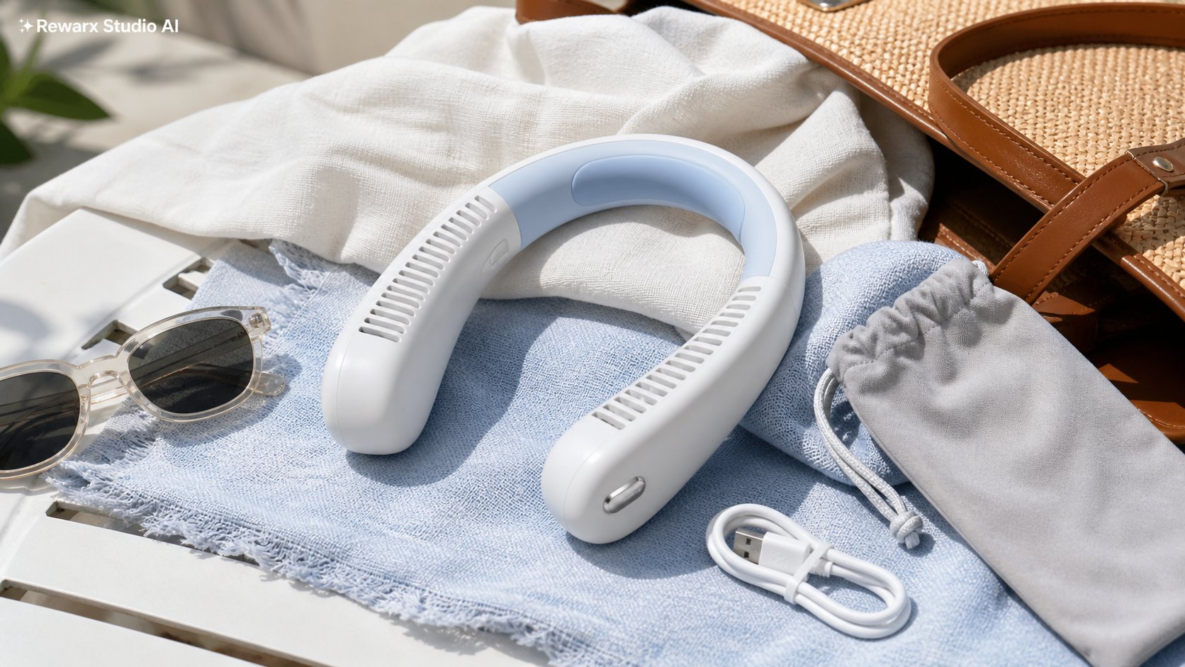 웨어러블 넥팬 여름 여행 비주얼 템플릿 - travel accessories - fresh summer travel hero - Rewarx Visual Content Library