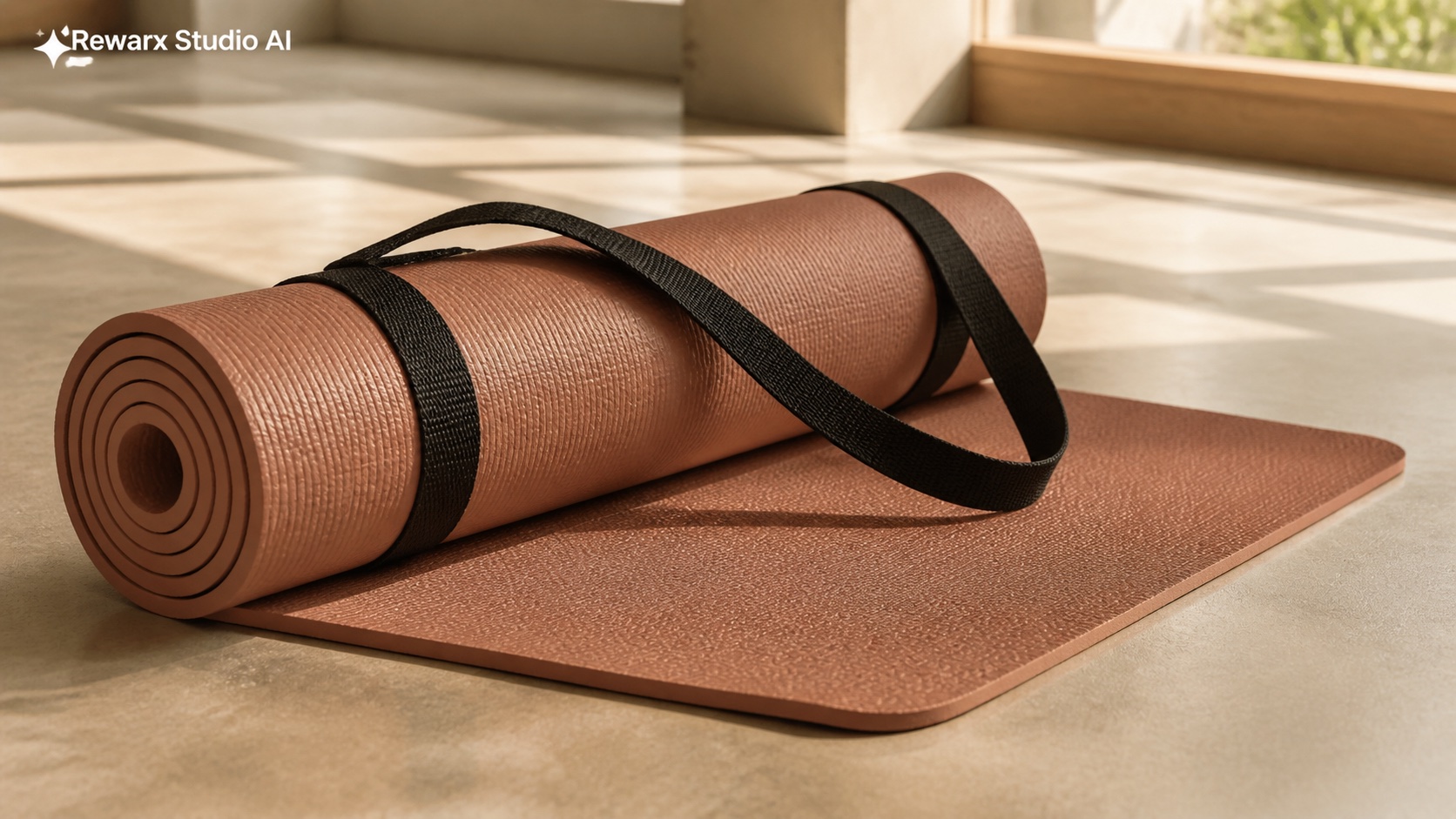Yoga mat stüdyo wellness gorsel sablonu - fitness accessories - calm premium wellness studio visual - Rewarx Visual Content Library